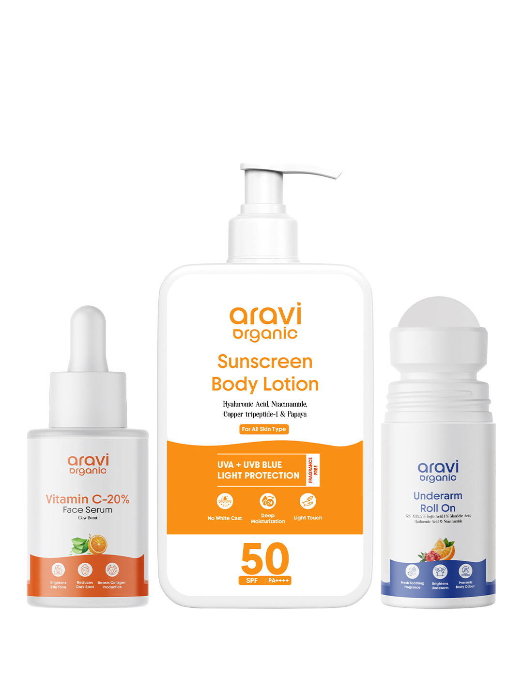 Aravi Organic Set Of 3 Vitamin C Serum- 30 ml- Sunscreen Body Lotion- 200 ml- Roll On-50ml