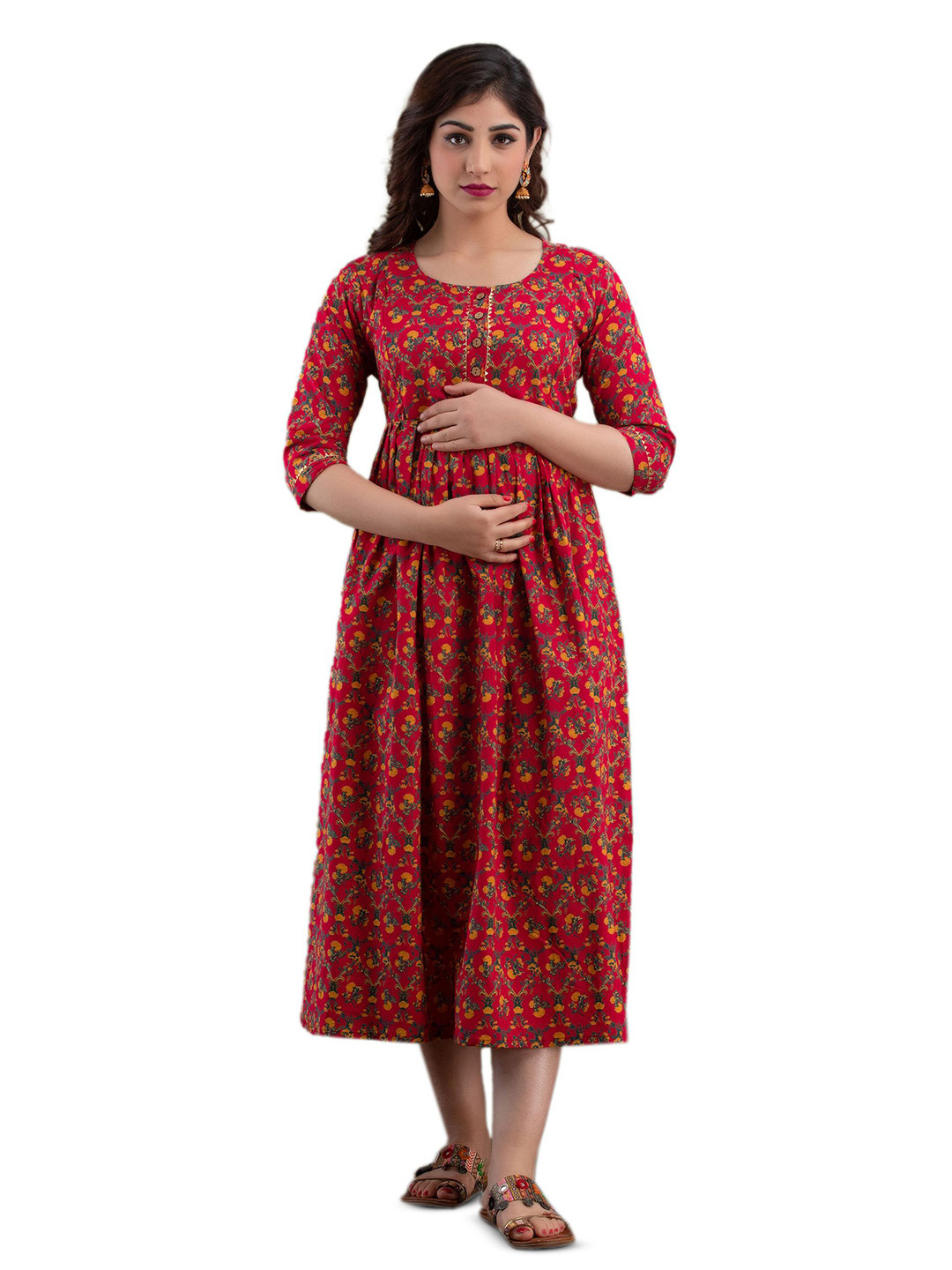 MAGHMA Women Cotton Floral Print Maternity Fit & Flare Midi Dress