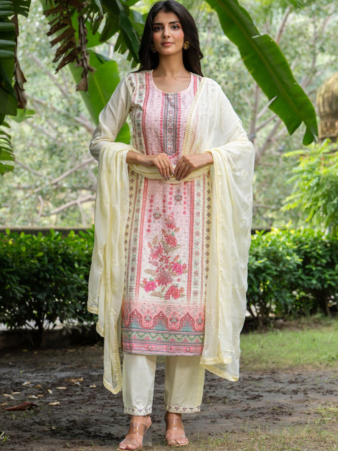 HOUSE OF JAMOTI Solar Glow Floral Embroidered Pure Cotton Kurta With Trousers & Dupatta