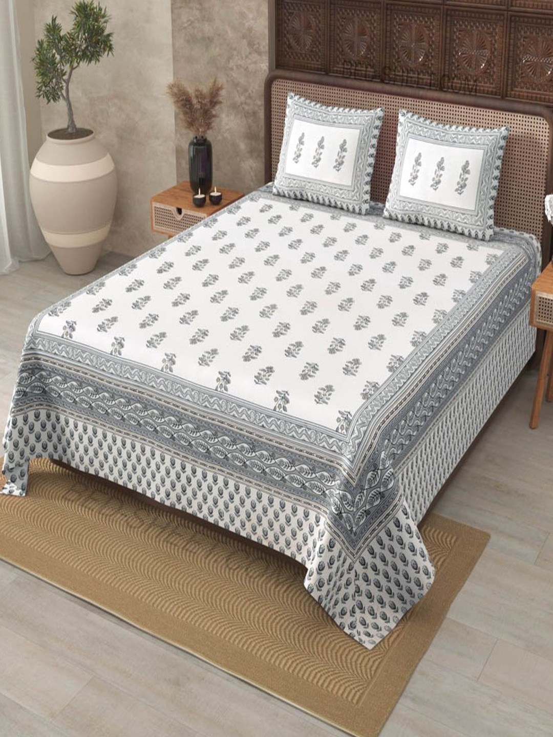 Myntra Elegant Homes Grey 180 TC Superfine Ethnic Motifs Cotton Queen Bedsheets