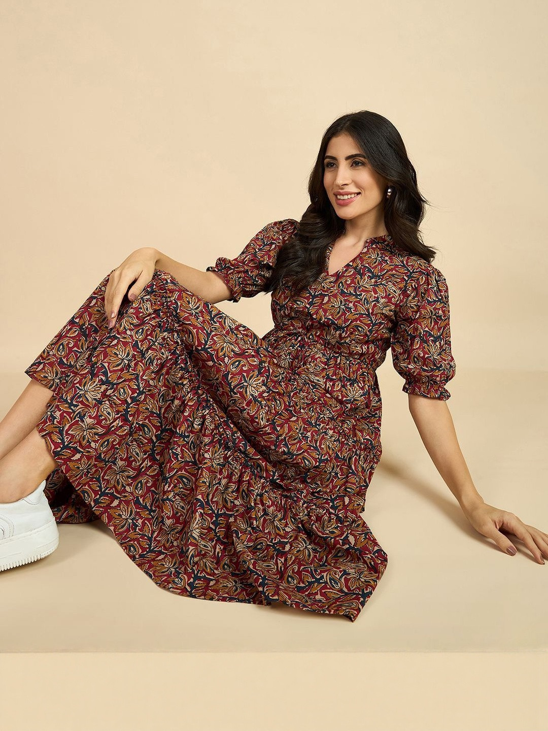 Femvy Women Floral Printed Puff Sleeve Crepe Fit-Flare Midi Dress