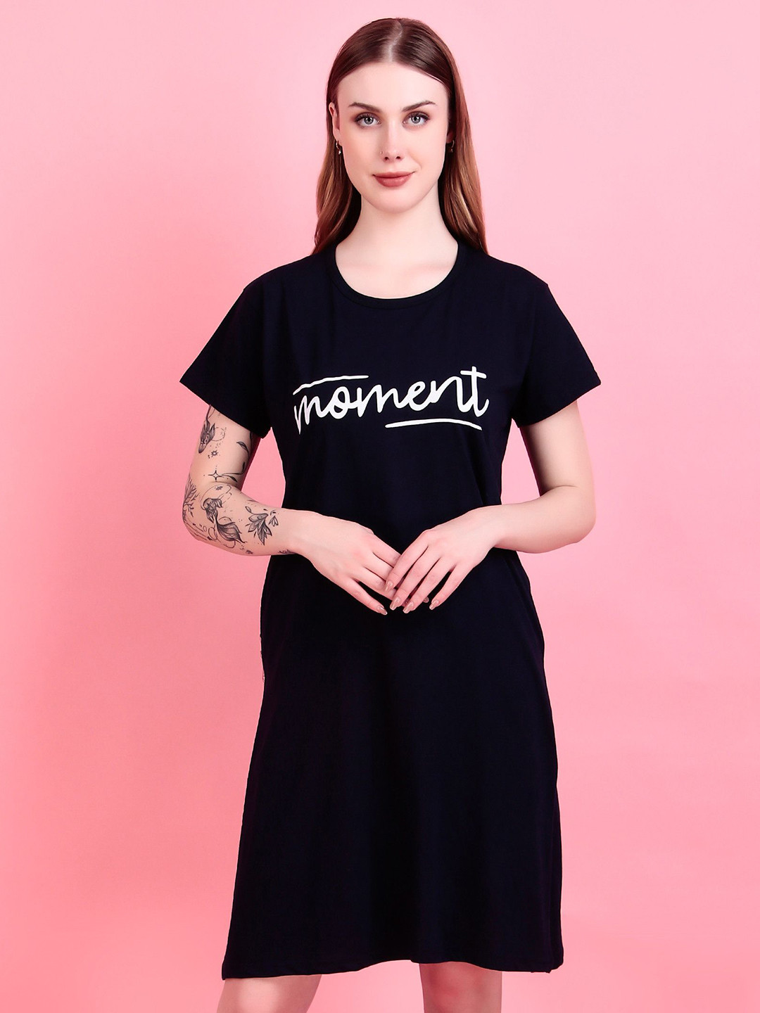 D-LINE Women Typography Printed Cotton T-shirt Nightdress