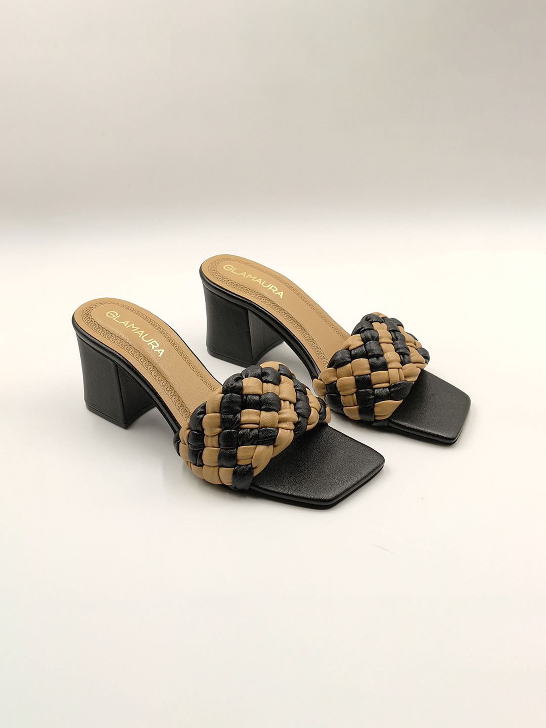 GLAMAURA Women Colourblocked Braided Strap Block Heel Sandals