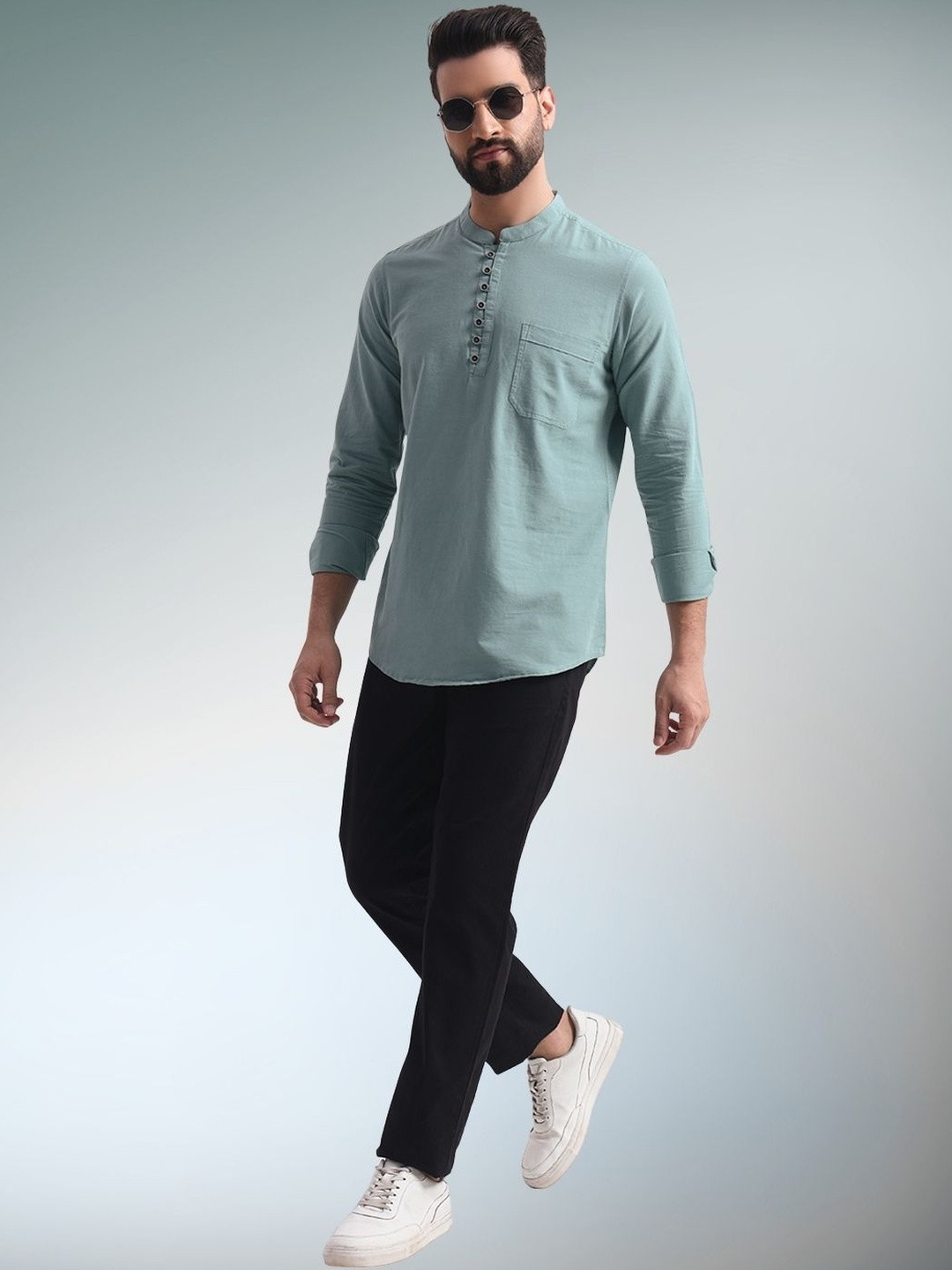 ENSPYR Men Grey Solid Cotton Straight Kurtas