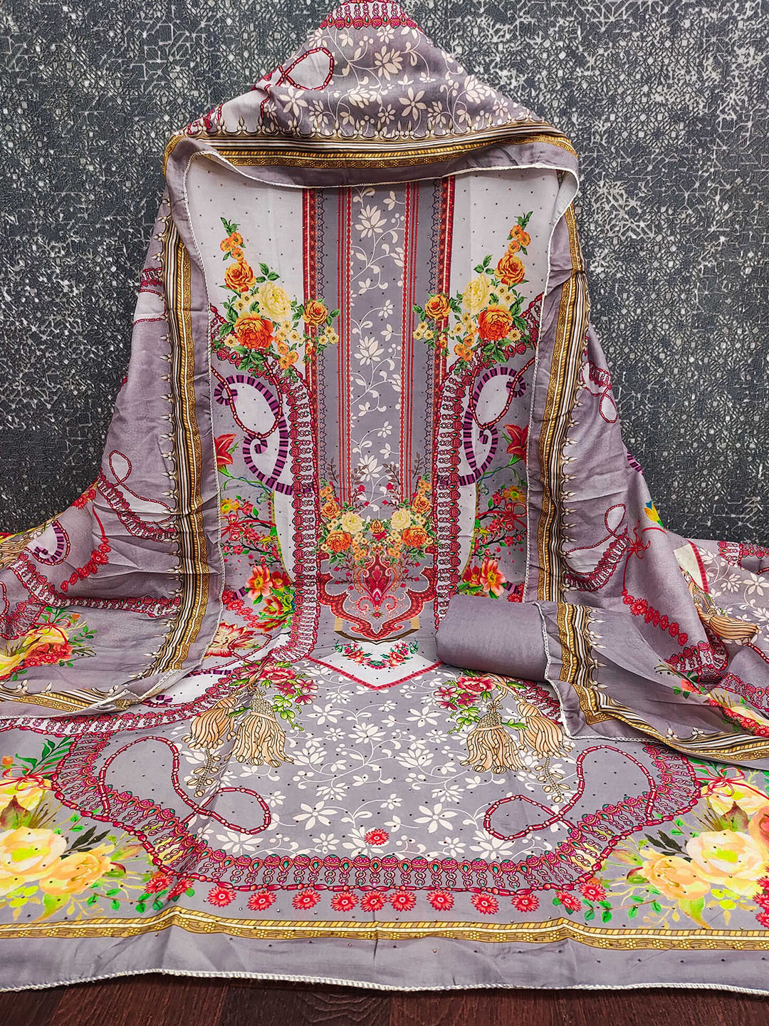 Maroosh Printed & Daimond Siroski Unstitched Dress Material