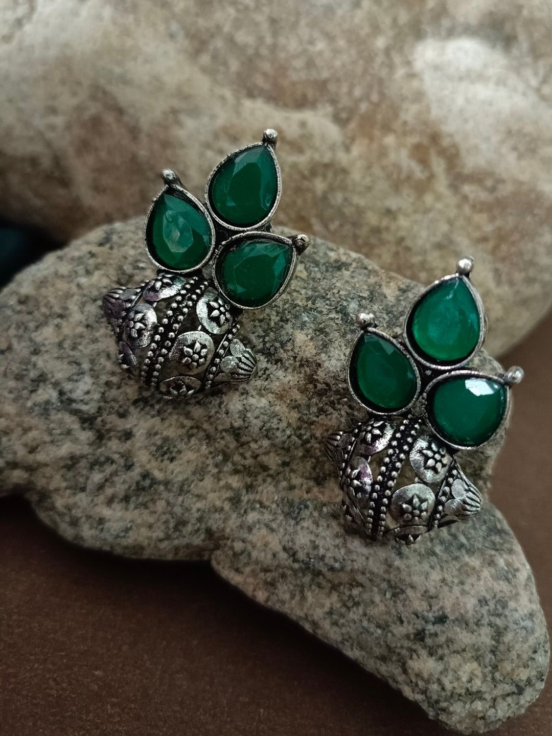 Sanjog German Silver Plated Artificial Stones Studded Teardrop Oxidised Drop Earrings