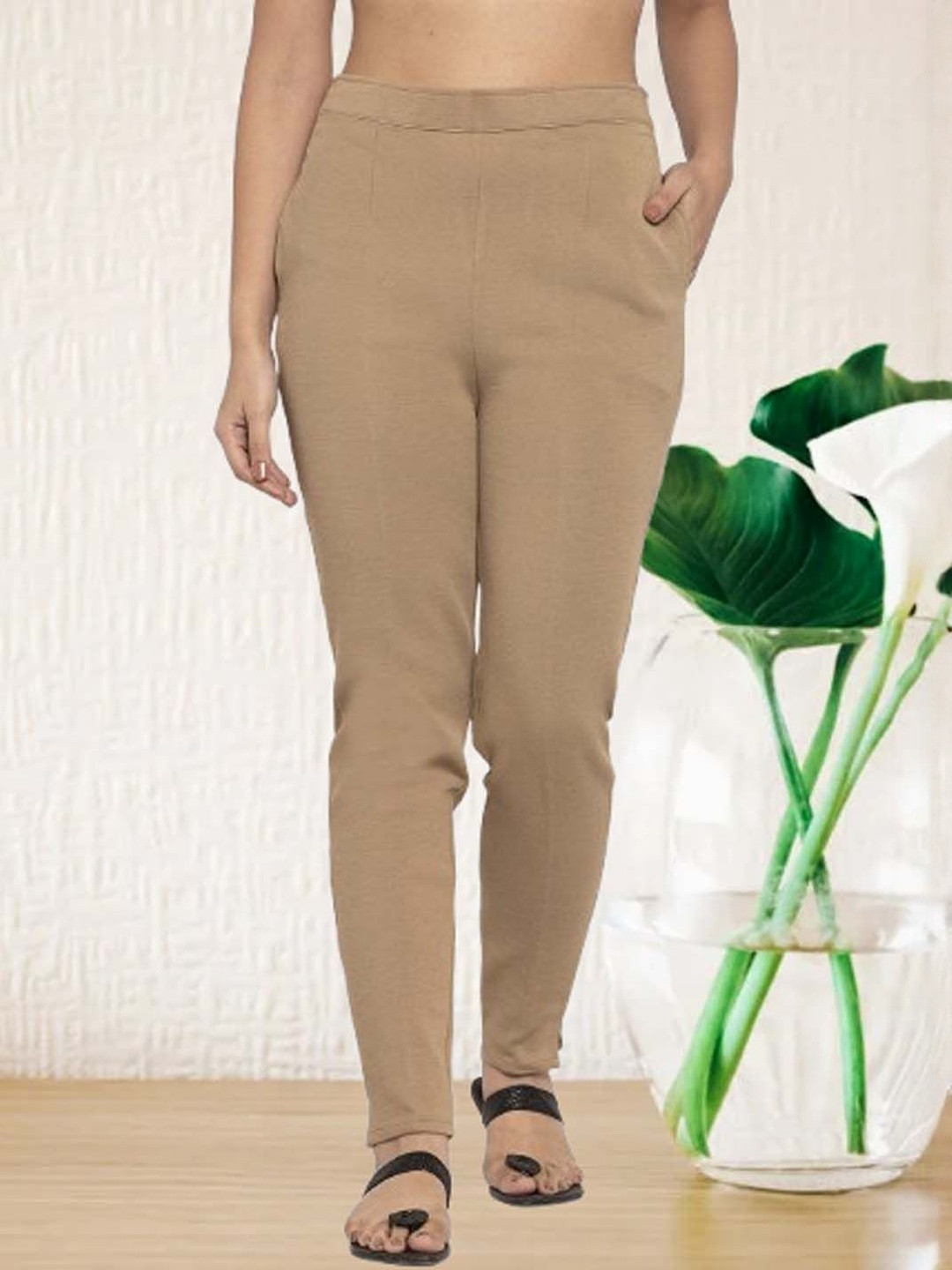 Trend Level Women Camel Brown Solid Relaxed Pleated Trousers