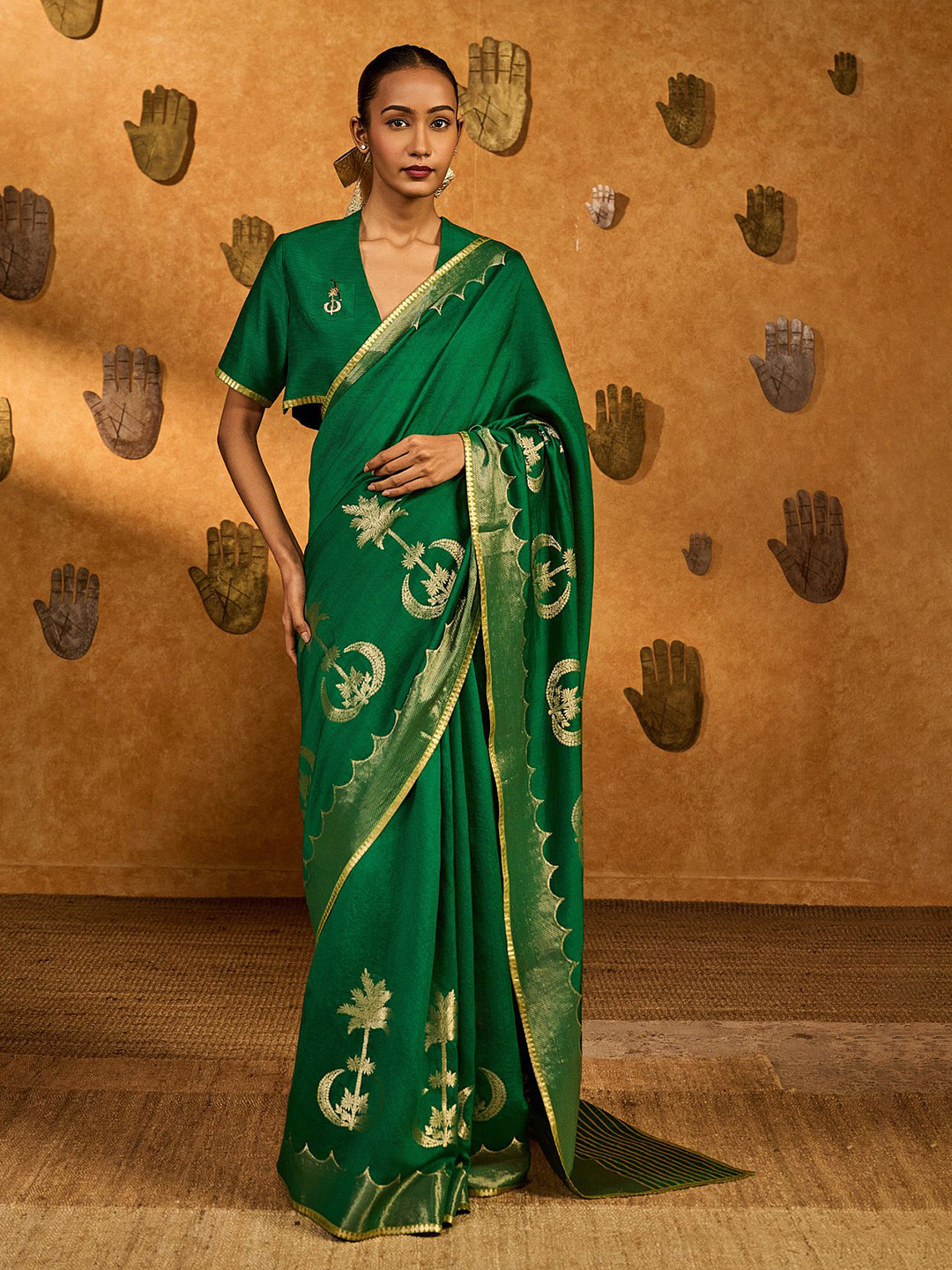 Masaba Green Coco Groove Ethnic Motifs Woven Design Zari Saree