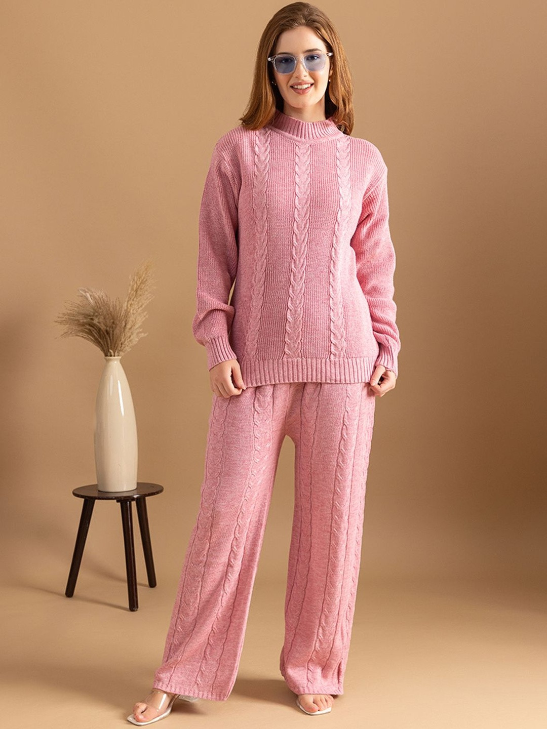 Roadster Women Pink Woollen Winter Cable Knit Co-ord Set