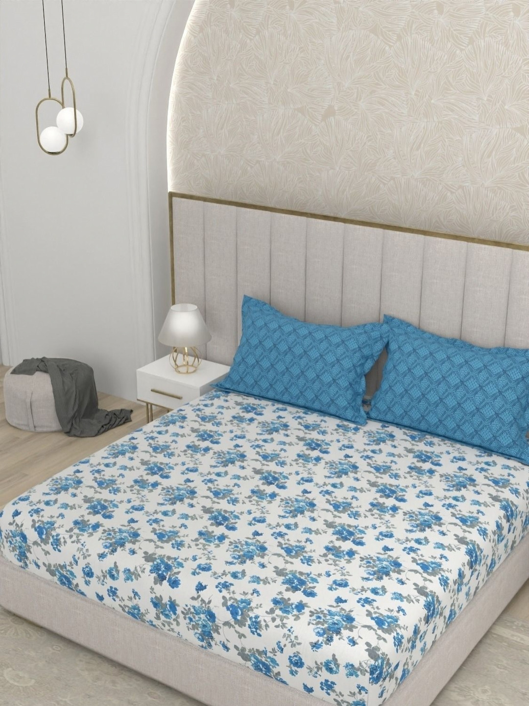Pure Decor Pearl Blue Floral Pure Cotton 180 TC King Bedsheet Set-1.82mx1.93mx22.86cm