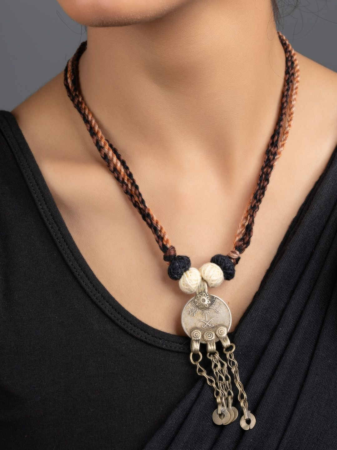Look and Adorn Women Brown German Silver Coin Tribal Necklace