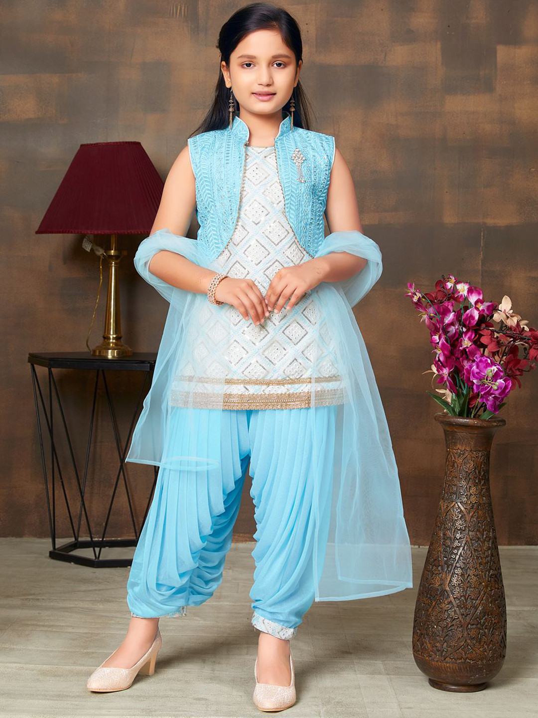 BAESD Girls Sequinned& Embroidered Lace Work Silk Kurti & Patiala With Jacket And Dupatta