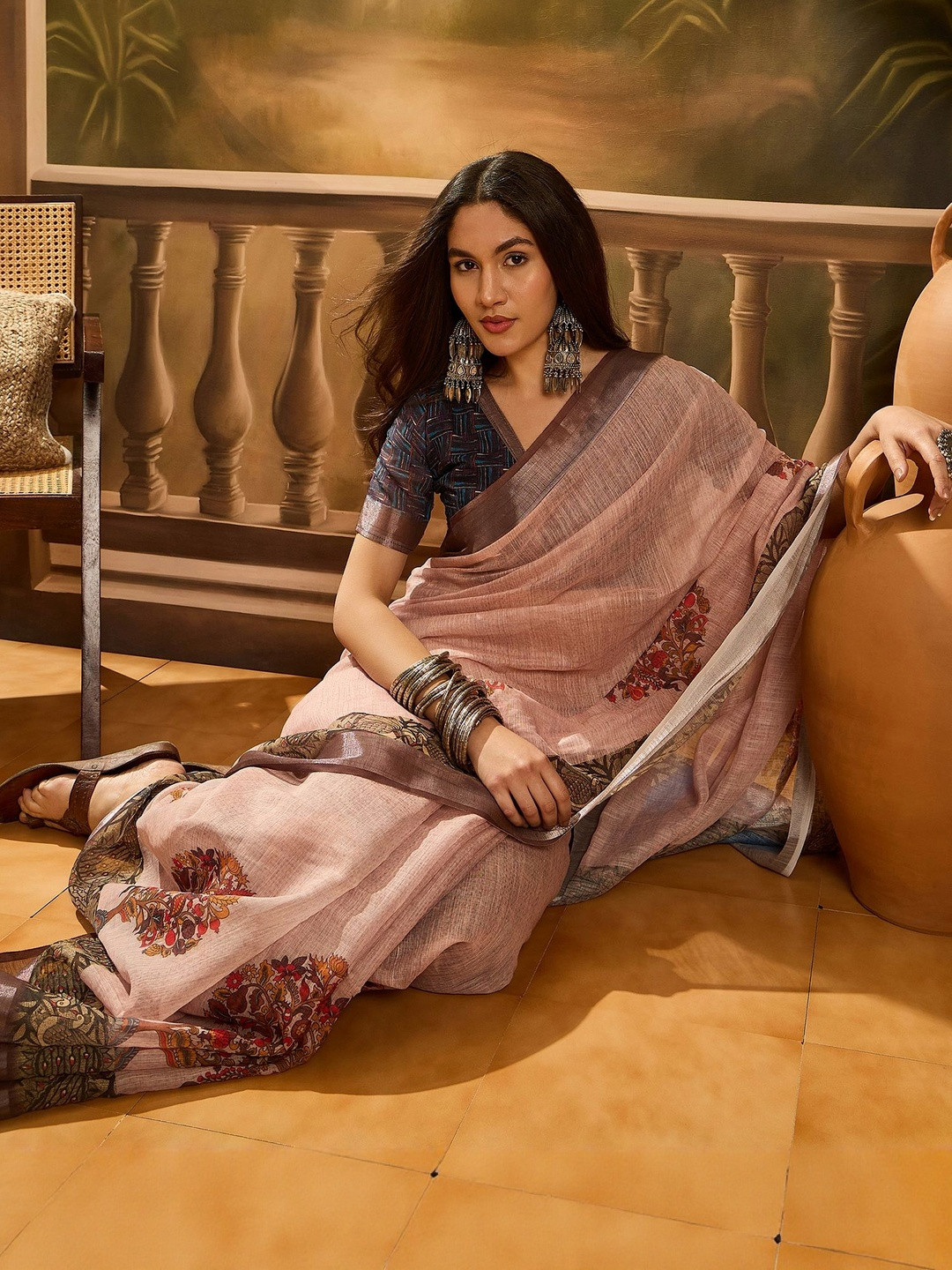 Suha Peach-Toned Linen Cotton Digital Prints Saree