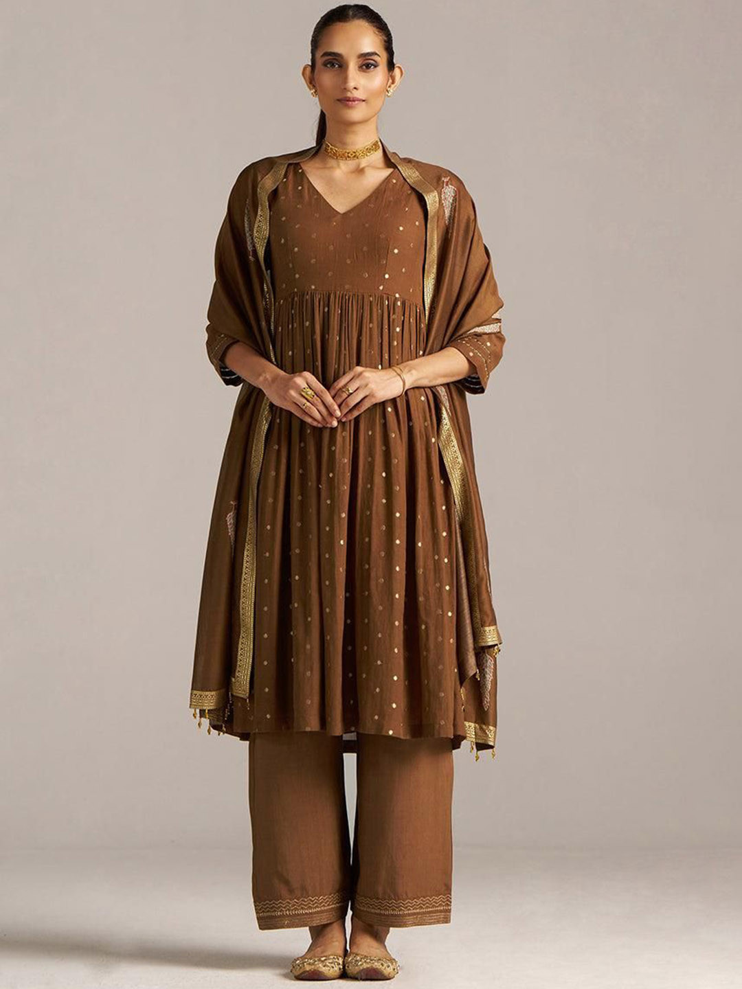 Ganga Polka Dots Printed Pleated Chanderi Silk Anarkali Kurta With Trousers & Dupatta