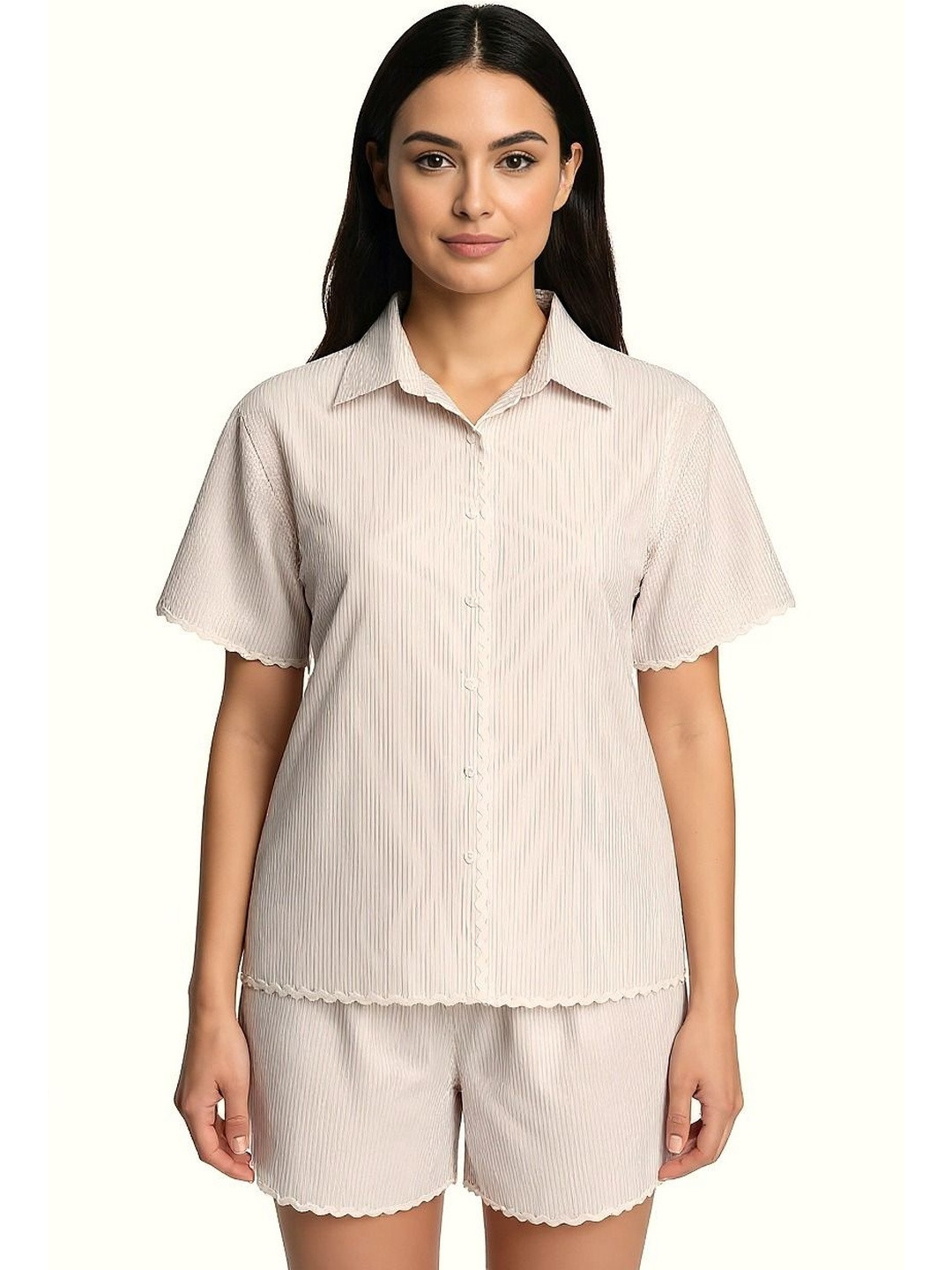 DressBerry Women Striped Contrast Lace Trim Co-Ords Set