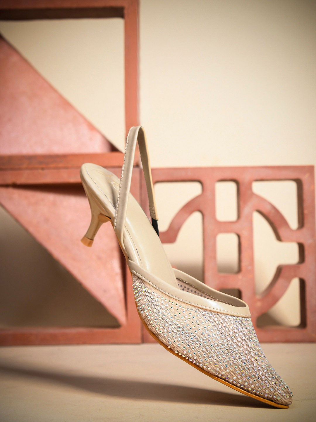 JM Looks Women Sparkling Slingback Kitten Heels With Rhinestone Design