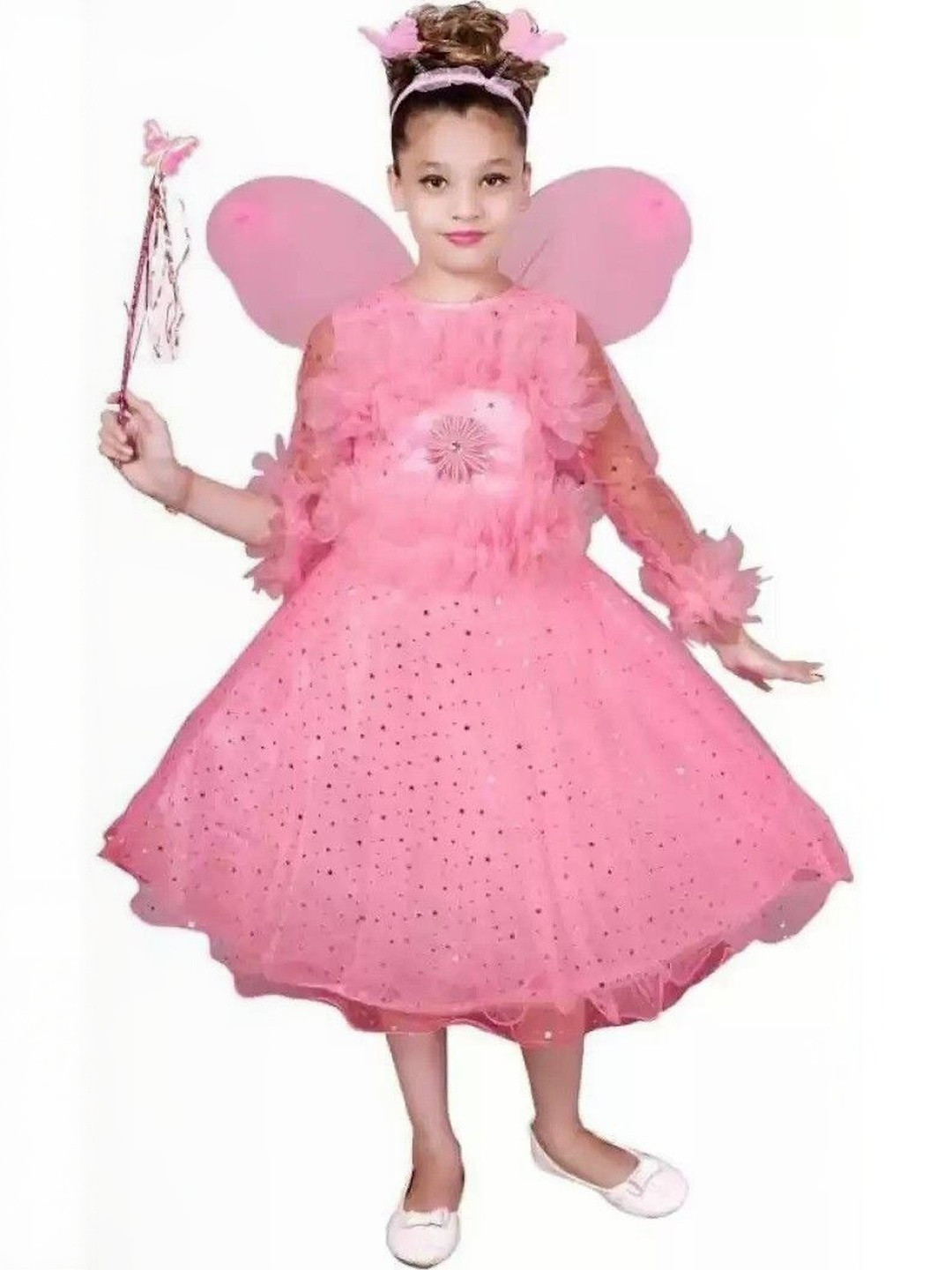 STUMBLE FASHION Girls Pink Long Sleeves Solid Round Neck Fit and Flare Dress
