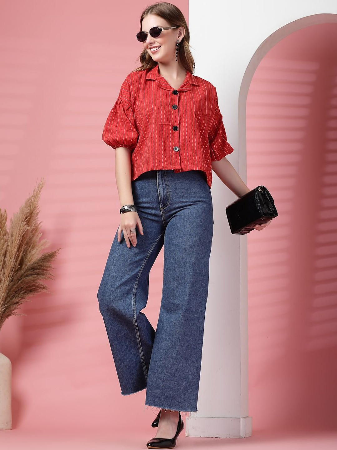 Tzelynn Women Pack Of 2 Pure Cotton Striped Oversized Collared Crop Shirt