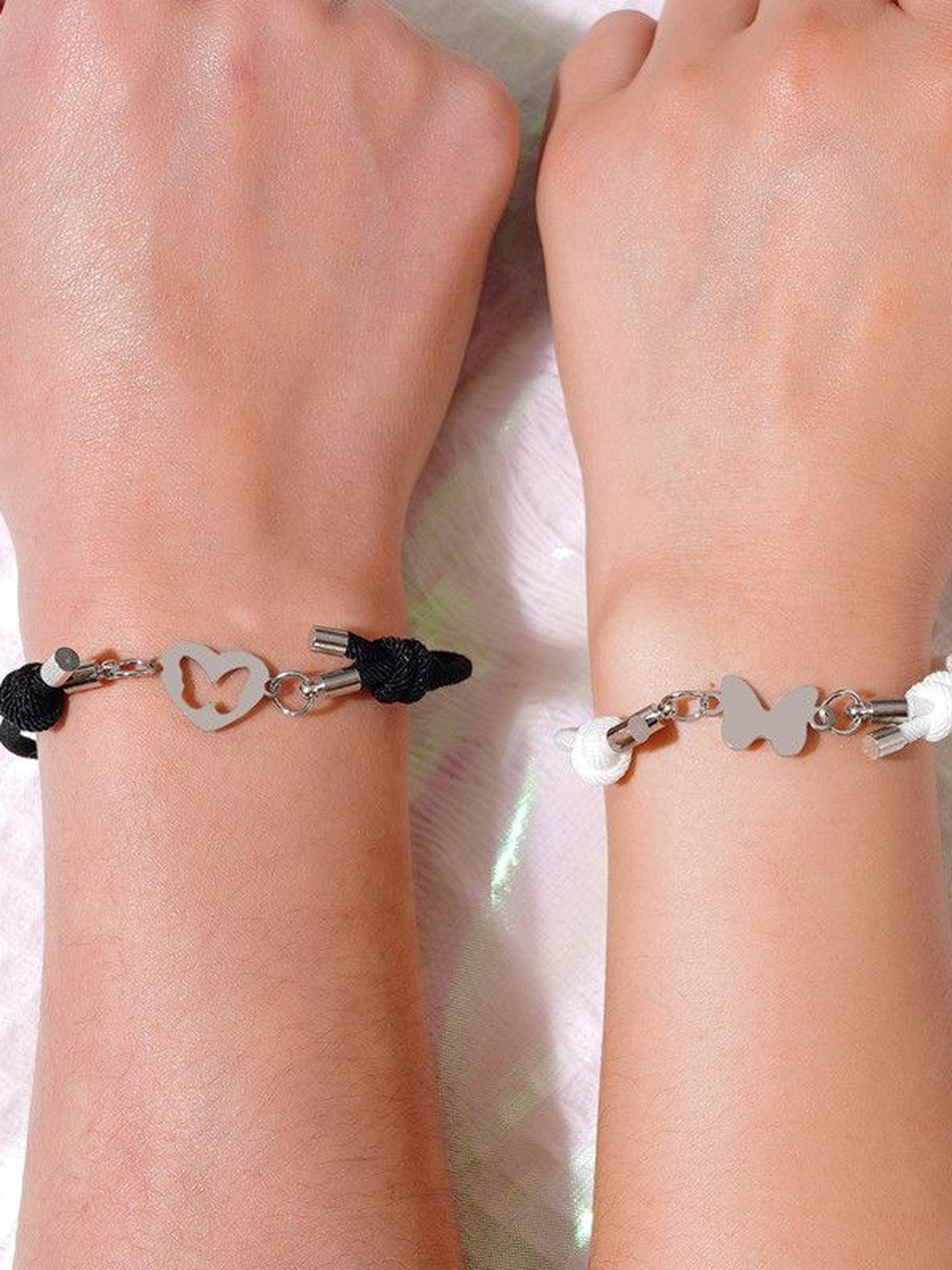 Arzonai Black & White Butterfly Charm Matching Bracelet