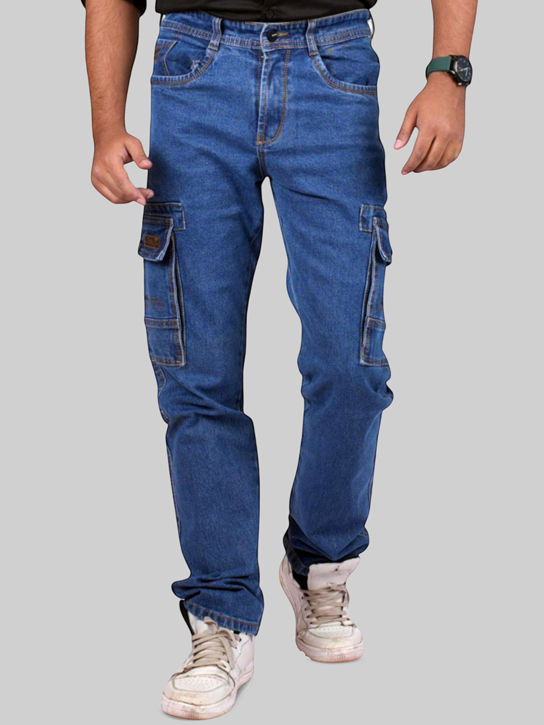 Plounge Men Jean Regular Fit Mid-Rise Denim Cargo Jeans Blue