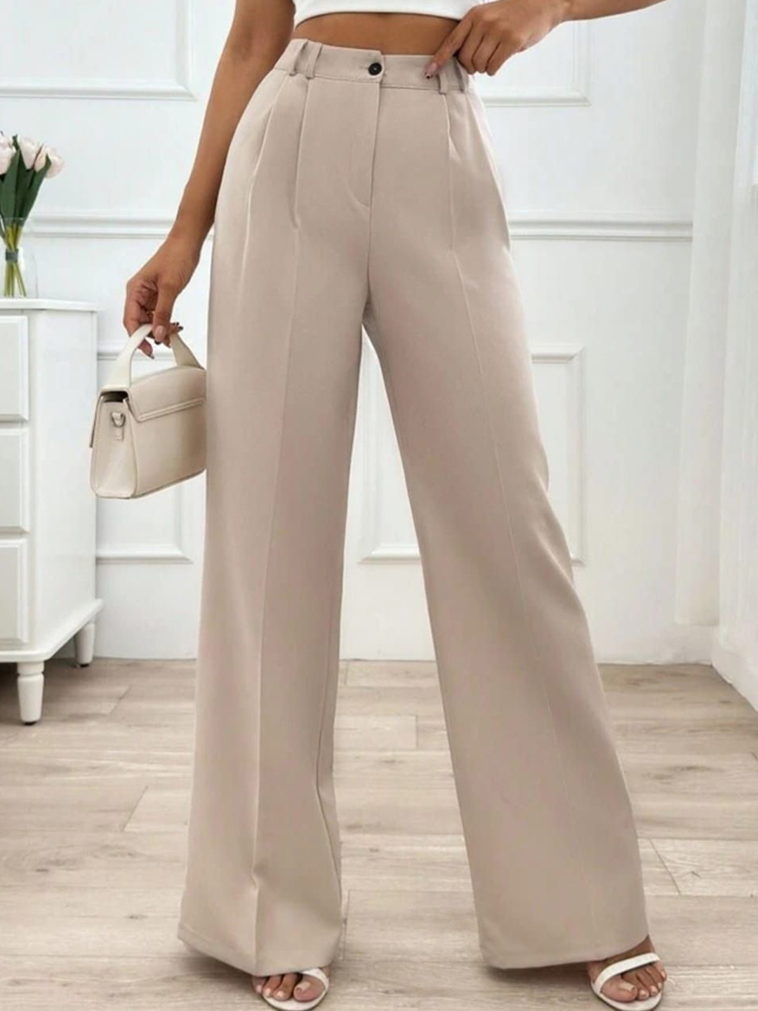 Next One Women Smart Wide Leg High-Rise Easy Wash Pleated Korean Pants