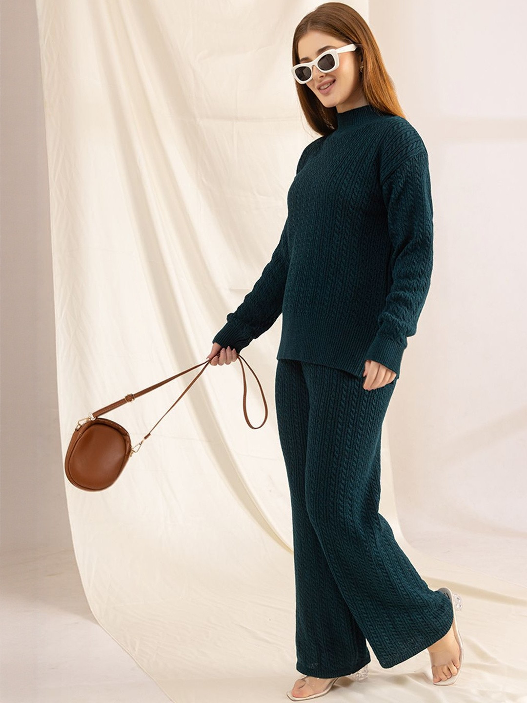 The Roadster Lifestyle Co Self Design Cable Knit Sweater & Wide-Leg Trousers Co-Ords