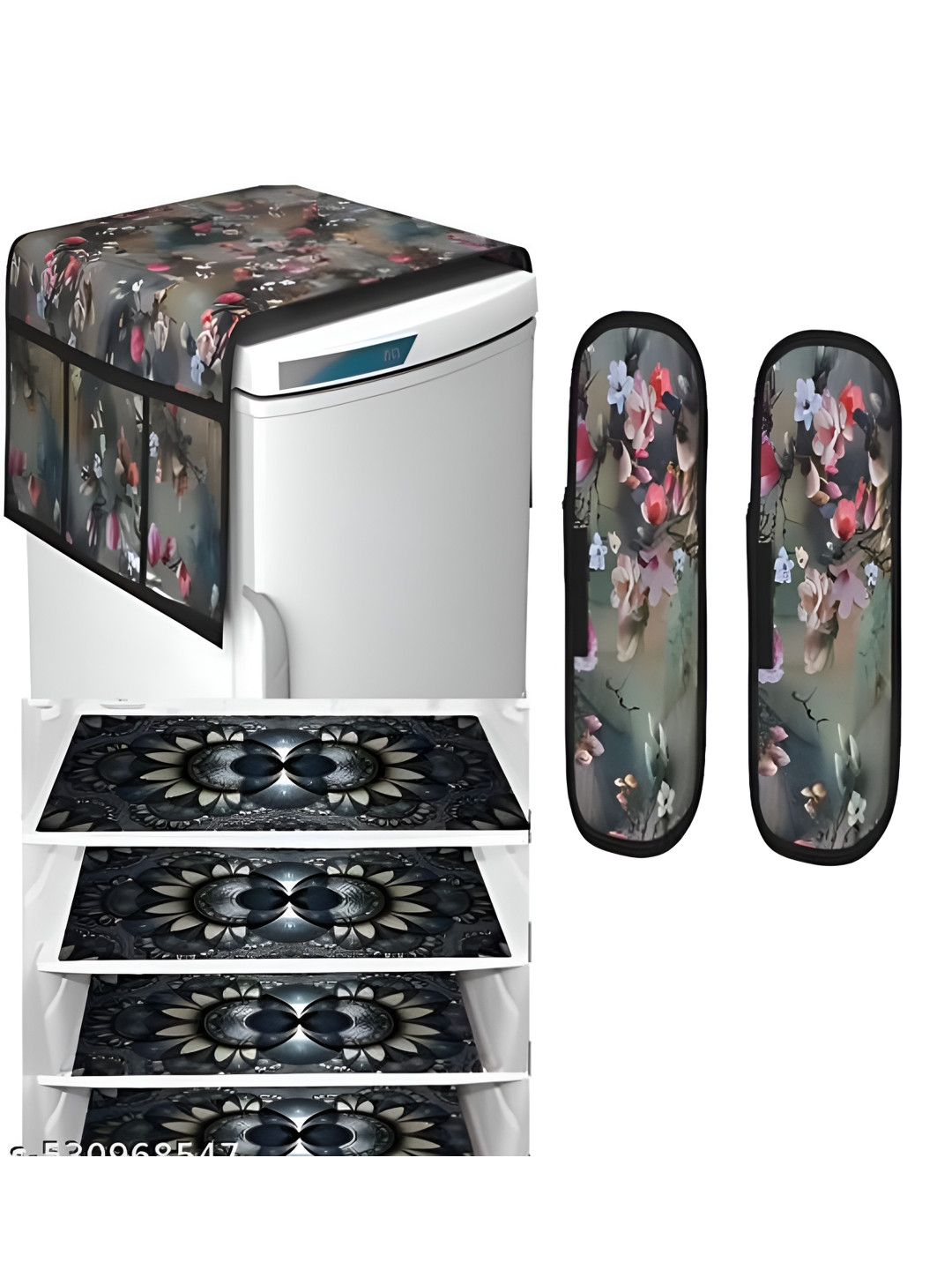 STOREUP Cotton 7-Pcs Black & White Printed Fridge Cover