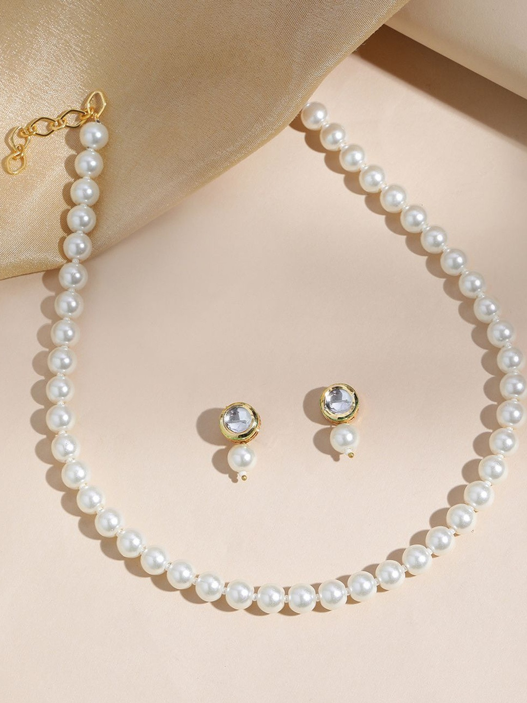 DressBerry Pearls Kundan Beaded Single Line Necklace With Earrings