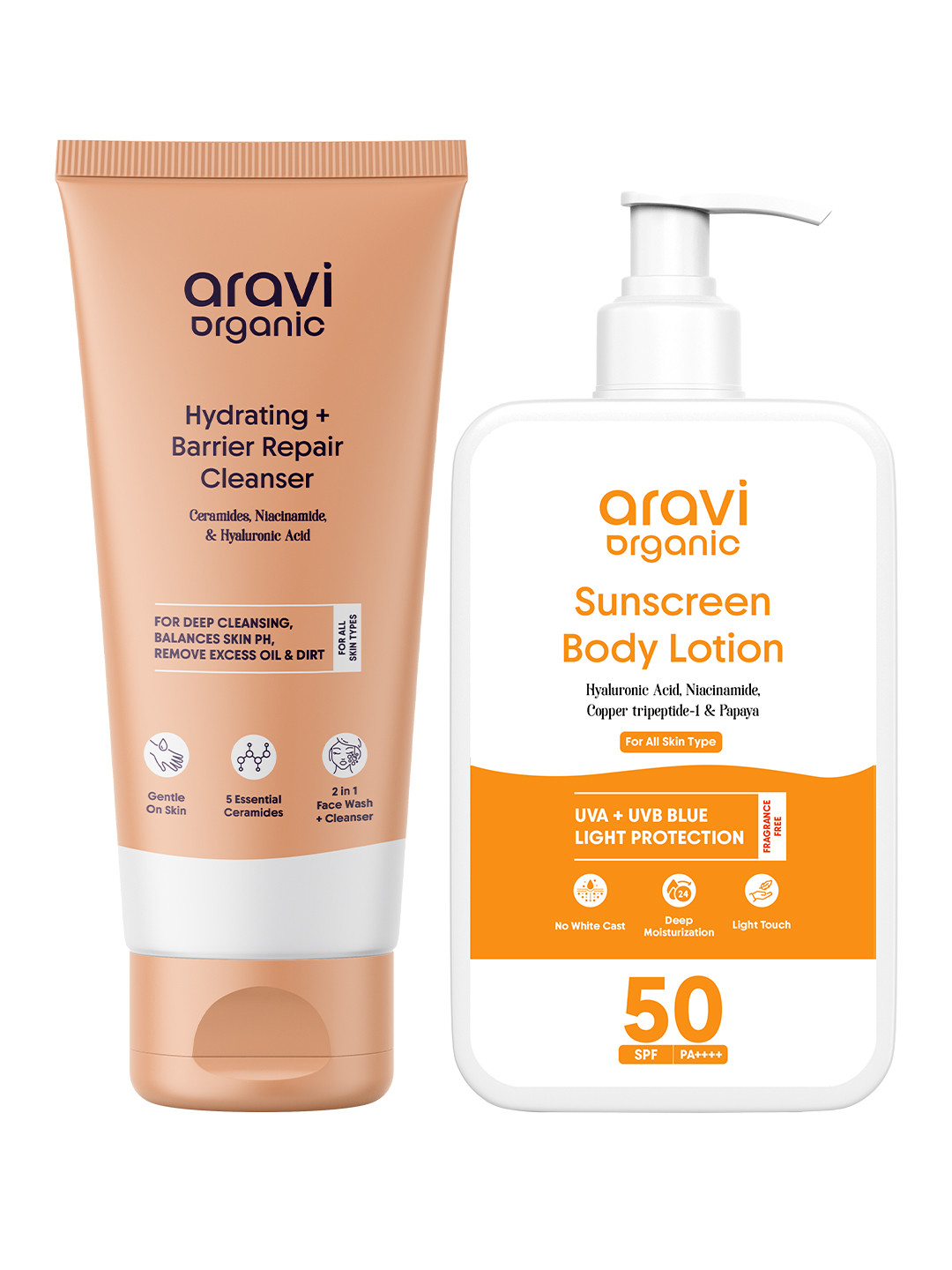 Aravi Organic Set Of 2 Sunscreen Body Lotion - 200 ml & Barrier Repair Cleanser - 100 ml