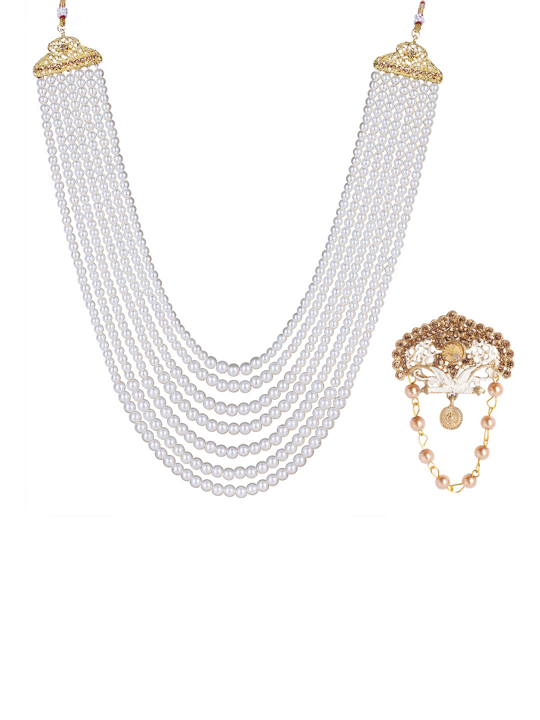 JIYANSHI FASHION Gold-Plated Stone-Studded & Pearls Beaded Layered Necklace With Brooch