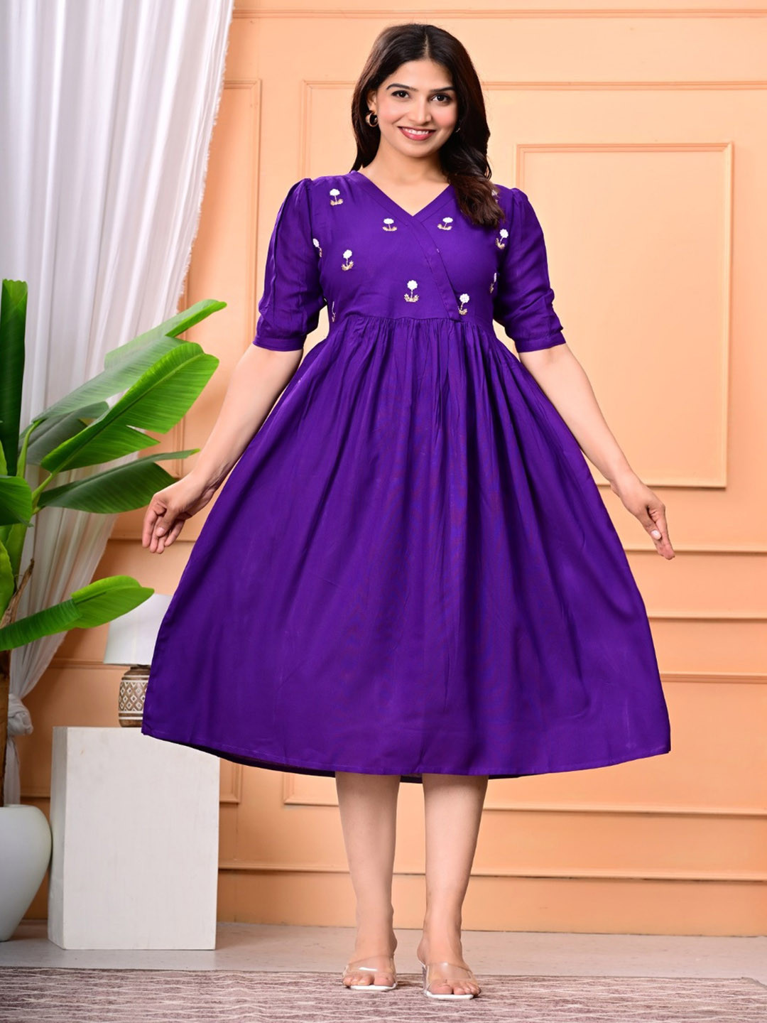 NEW ICON COLLECTION Women Floral Embroidered Puff Sleeve Fit & Flare Dress