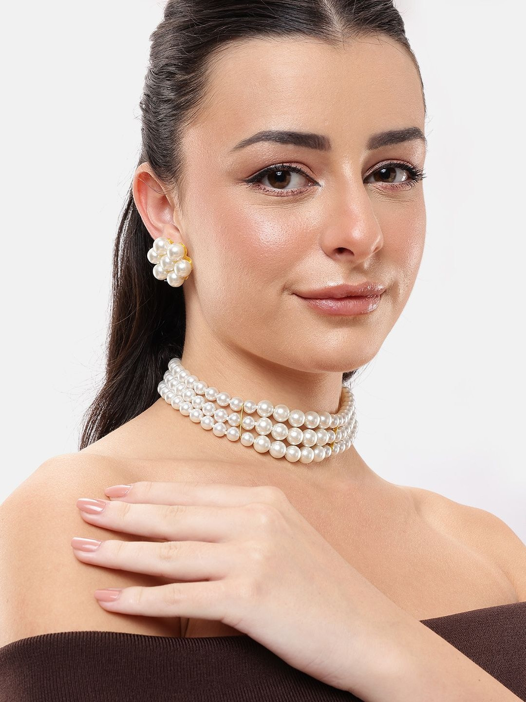 DressBerry Premium Quality White Pearls Kundan Beaded Lyered Choker Necklace Jewelry Set