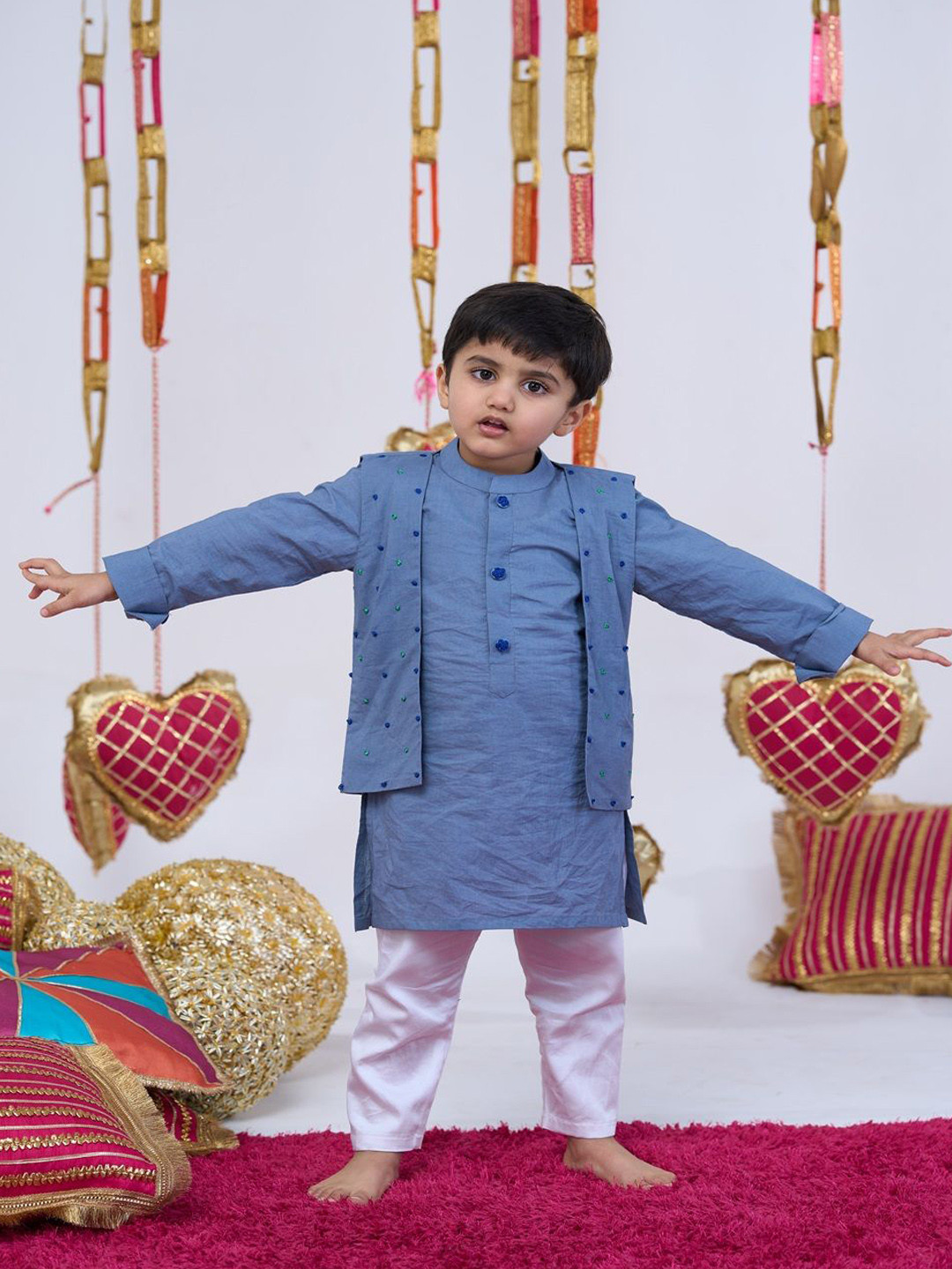 Vivedkids Boys Blue Solid Regular Pure Cotton Kurta  Pyjama With Jacket