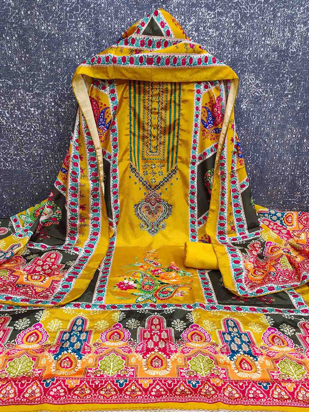 Maroosh Digital Printed Beads and Stones Silk Chiffon Unstitched Dress Material
