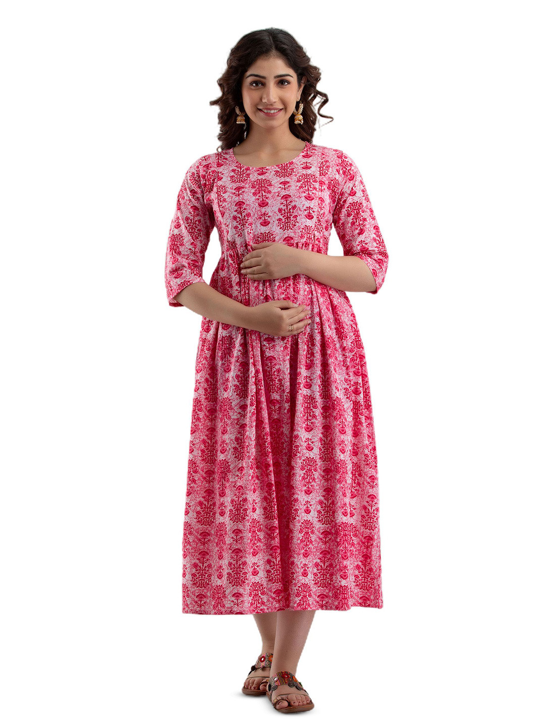 MAGHMA Women Cotton Floral Print Maternity Fit & Flare Midi Dress