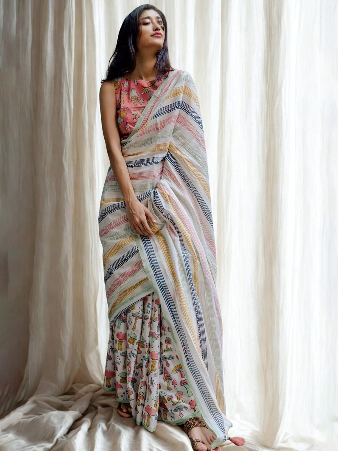 AWRIYA Abstract Printed Chanderi Saree