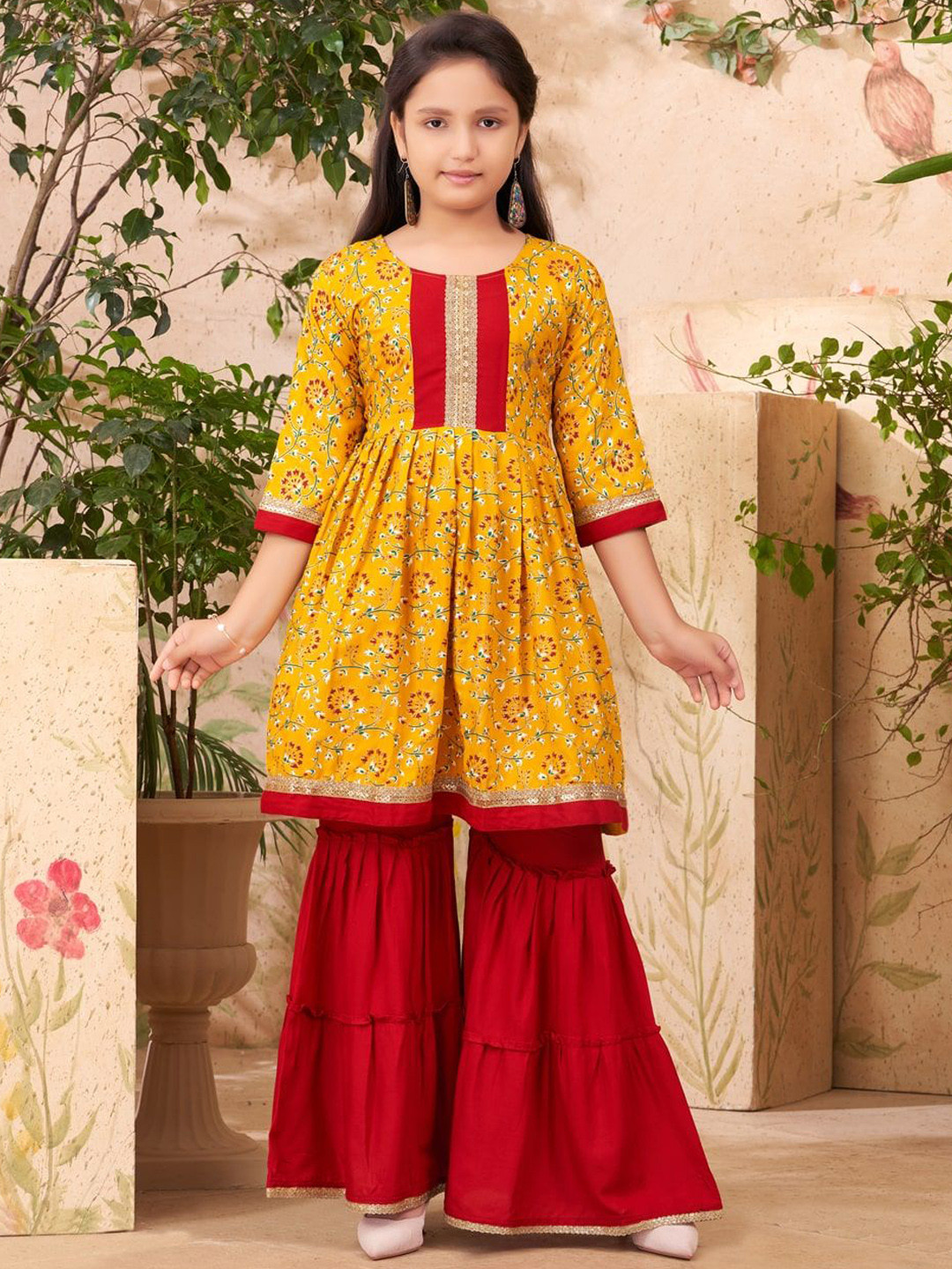 BAESD Girls Yellow & Red Foil Print With Lace Work Rayon Kurta Sharara Set