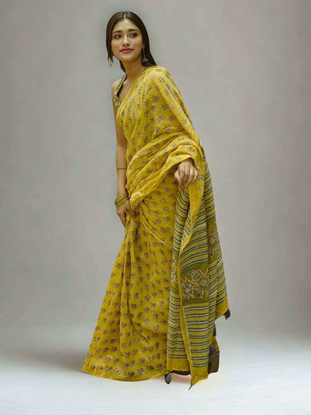 Jinal & Jinal Floral Printed Chanderi Saree With Blouse