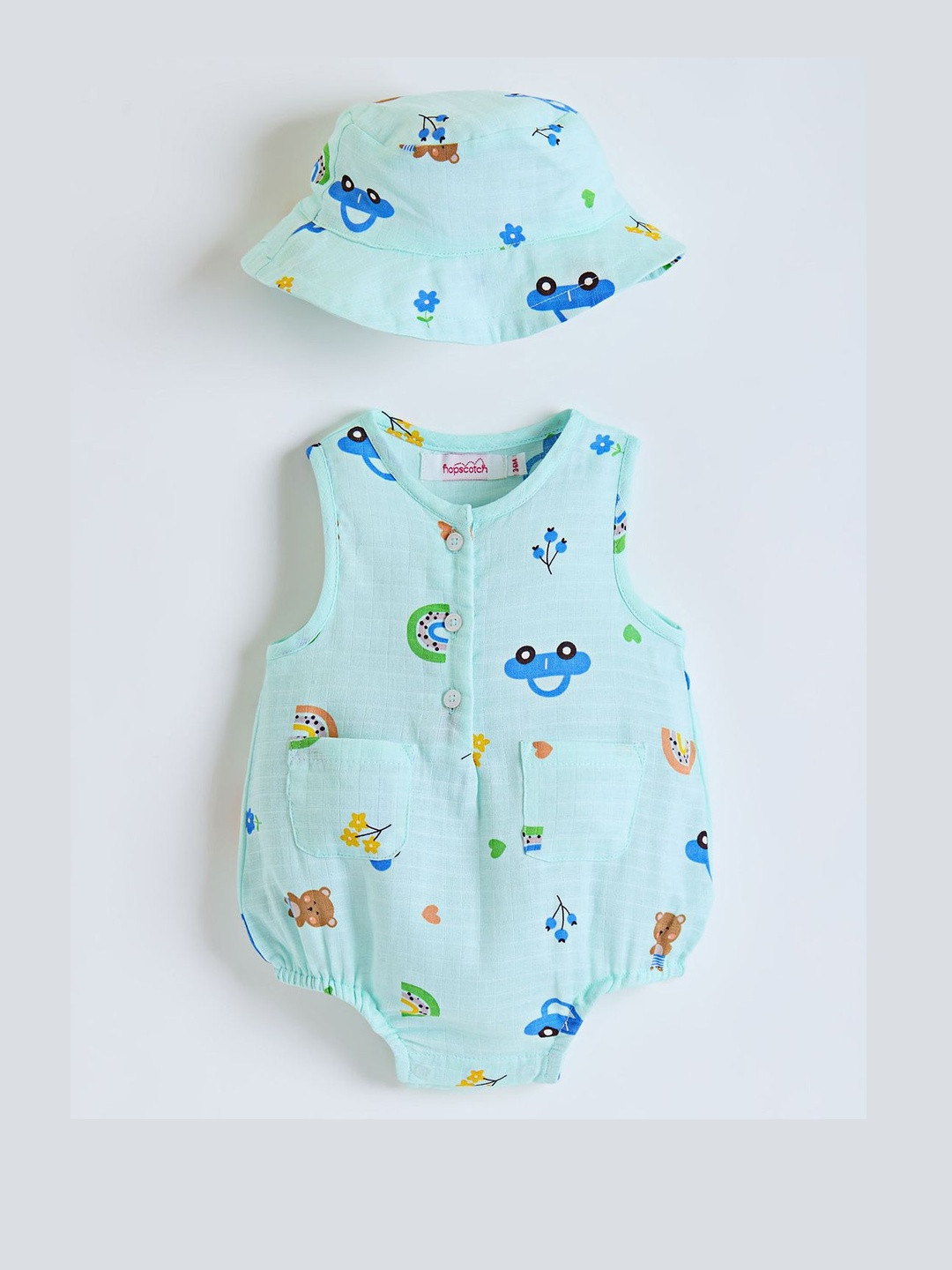Hopscotch Girls Blue Cotton Bodysuit with Hat