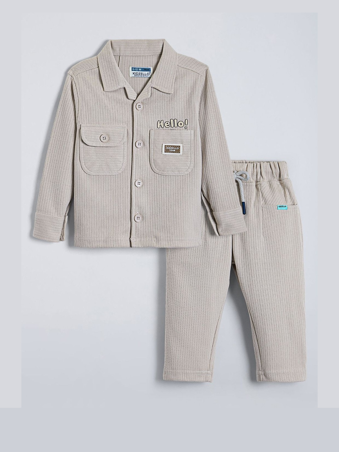 Hopscotch Boys Beige Printed & Textured Shirt Collar Cotton Shirt & Pyjama Night suit