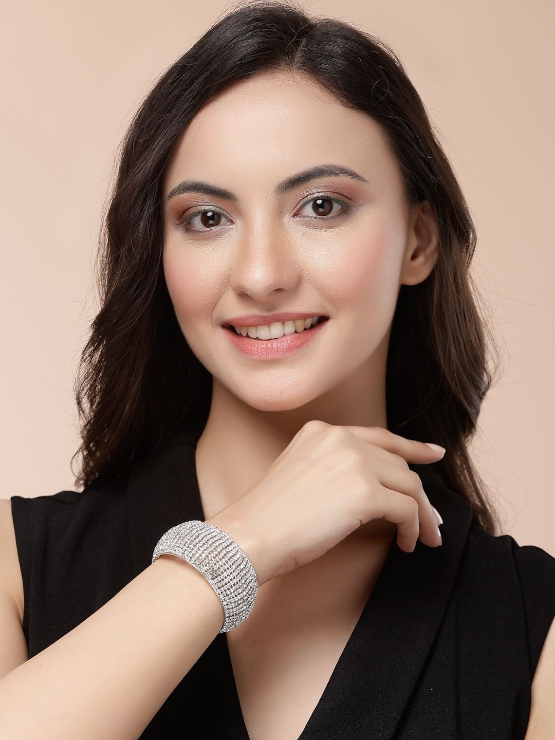Scintillare By Sukkhi Rhodium-Plated Crystals Studded Cuff Bracelet