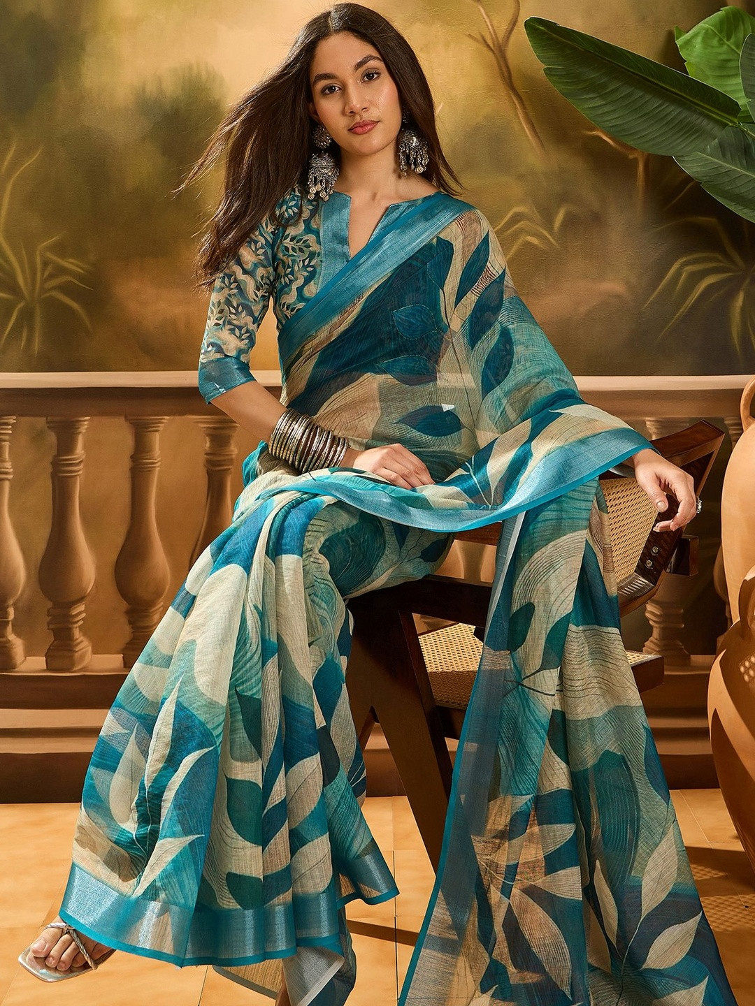 Suha Digital Printed Linen Cotton Blend Saree