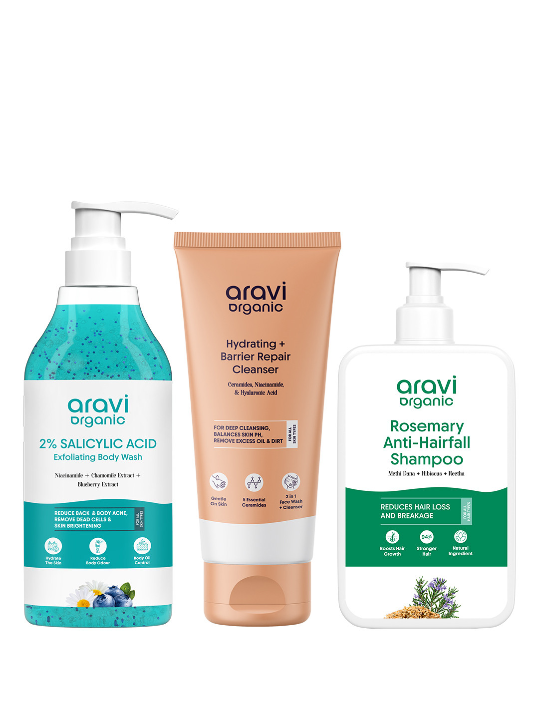 Aravi Organic Set Of 3 Exfoliating Body Wash- 300 ml- Cleanser -100 ml & Shampoo- 200 ml