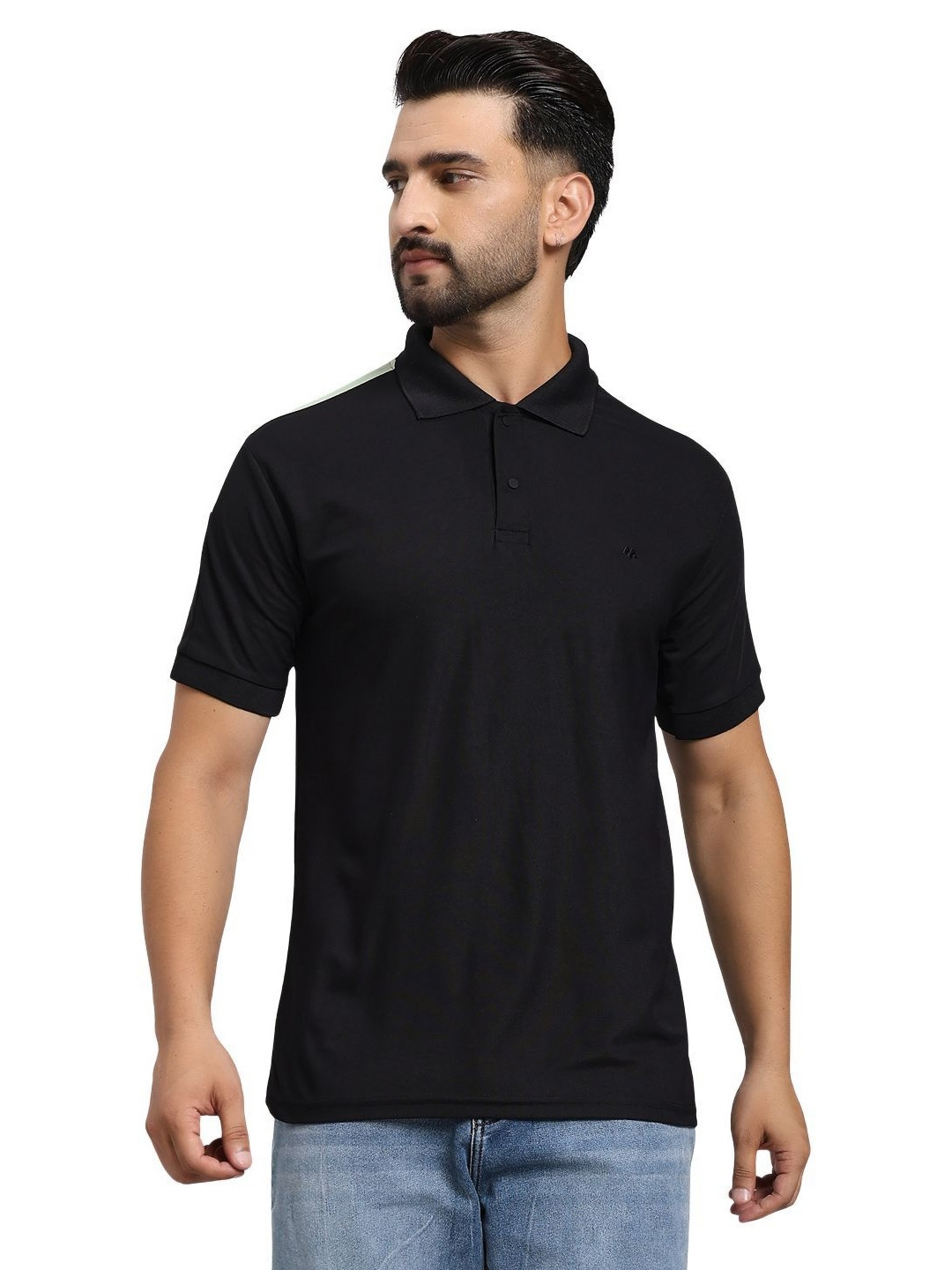 Black & Sea Green Solid Polo Collar Regular Fit T-shirt