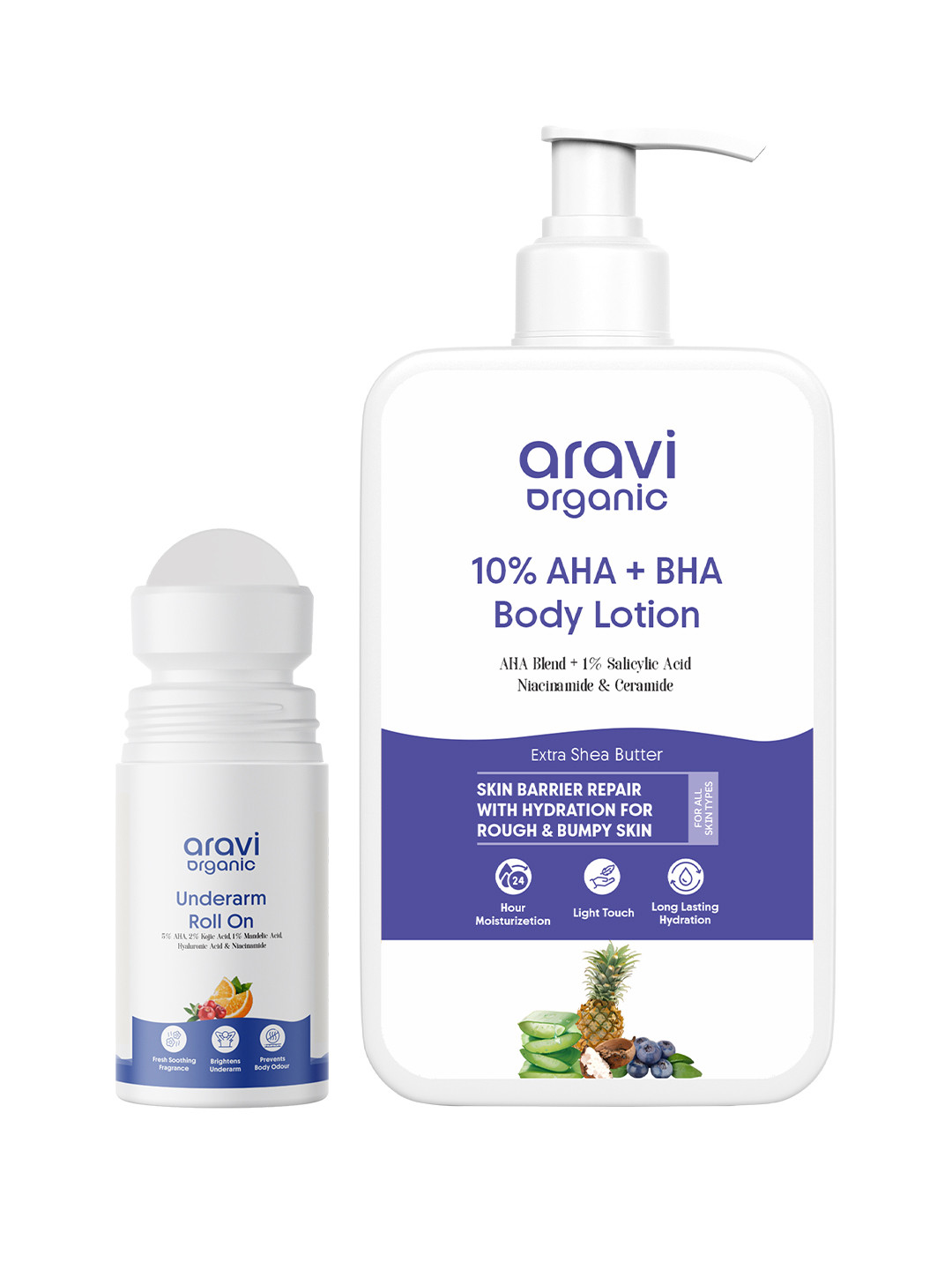 Aravi Organic Set of 2 Underarm Roll-On- 50 ml & AHA BHA Exfoliating Body Lotion-200 ml