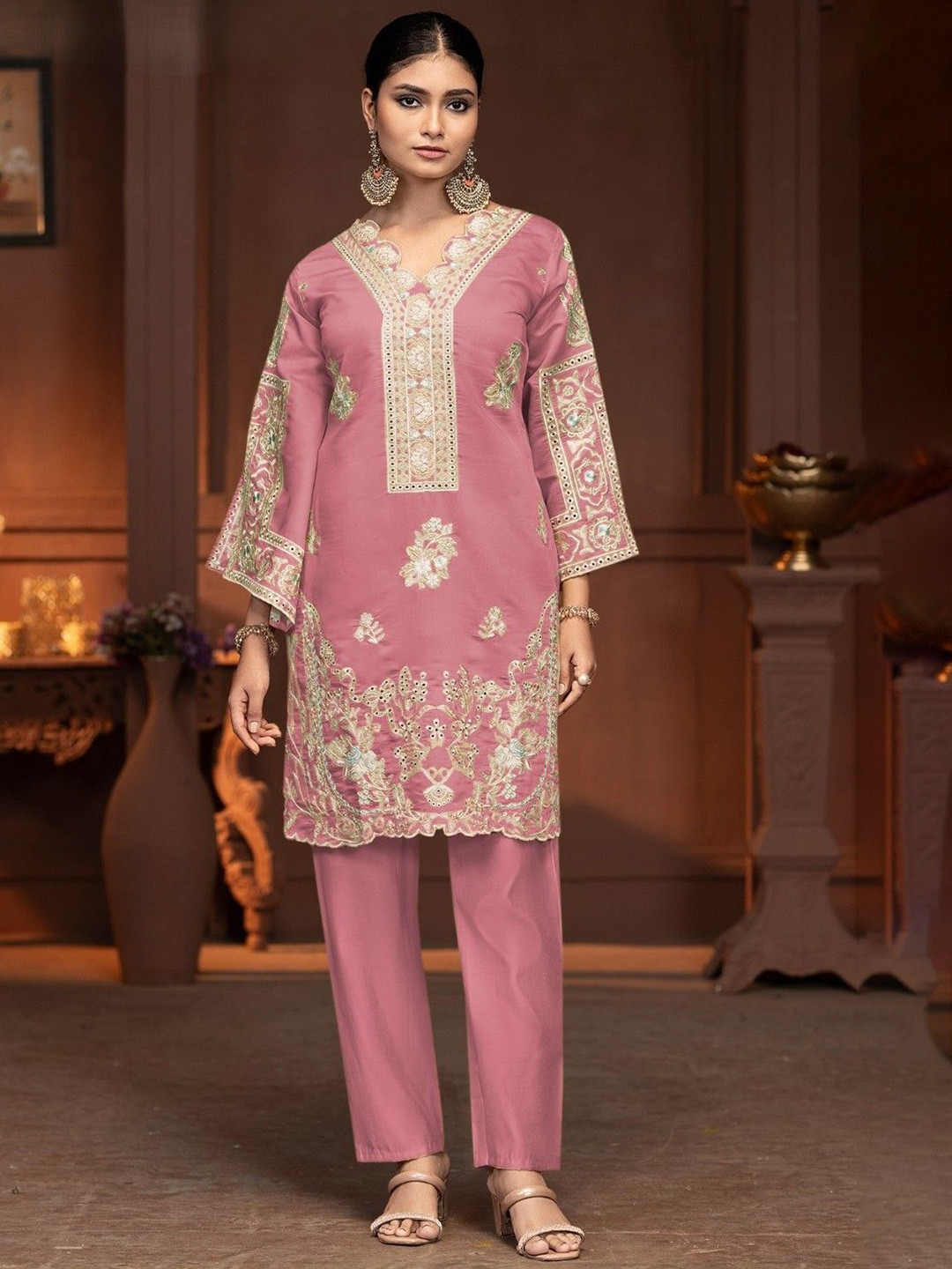AUTUMN LANE Mayuri Rouge Floral Embroidered V-Neck Thread Work Kurta With Trousers