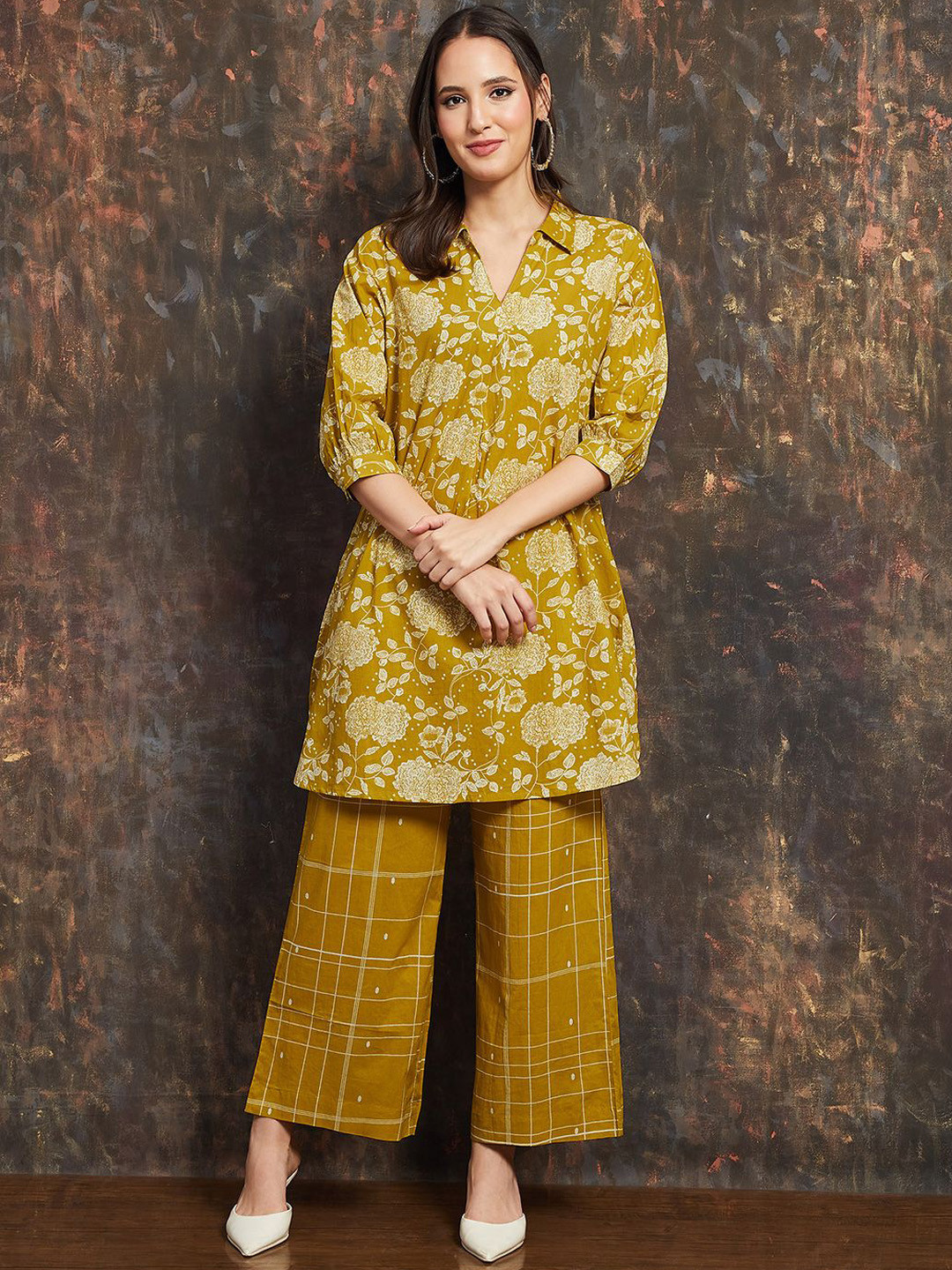Melange by Lifestyle Floral Printed Shirt Collar Puff Sleeve Pure Cotton Kurti & Palazzos