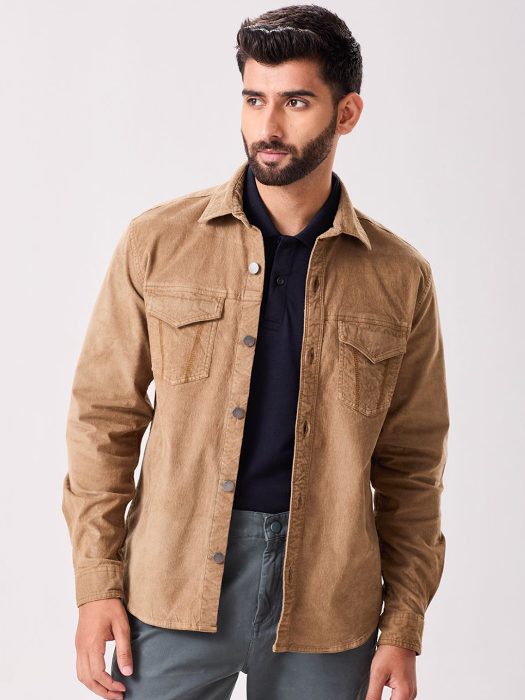 MH&Y Men Solid Spread Collar Long Sleeves Corduroy Shacket