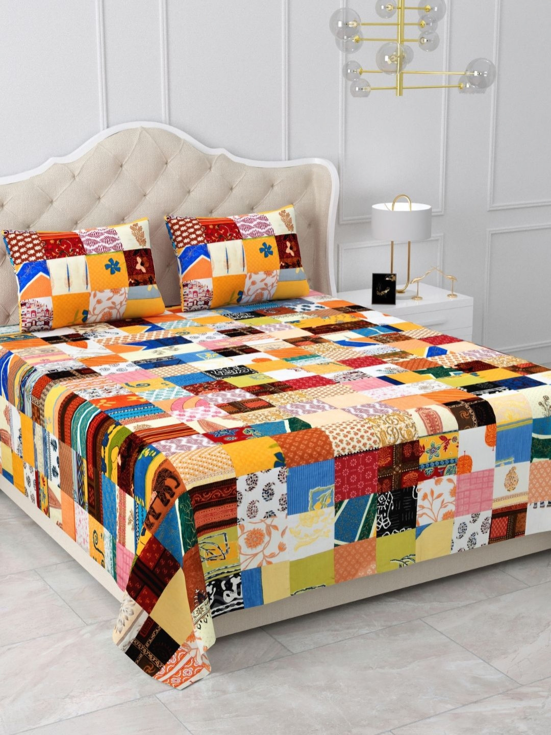 The Craft Monk Satrangi Patchwork Pure Cotton 240 TC King Bedsheet Set- 2.74 m x 2.28 m