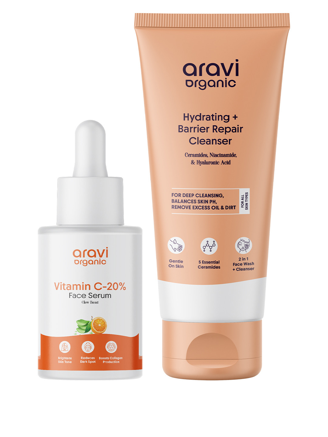 Aravi Organic Set Of 2 20 % Vitamin Face Serum- 30 ml & Barrier Repair Cleanser- 100 ml